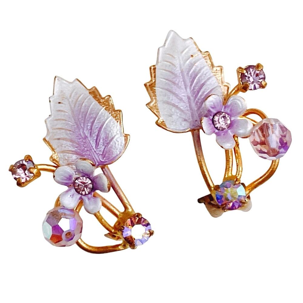 Vintage Austria Purple Floral Clip On Earrings AB Rhinestone Beads Gold Tone